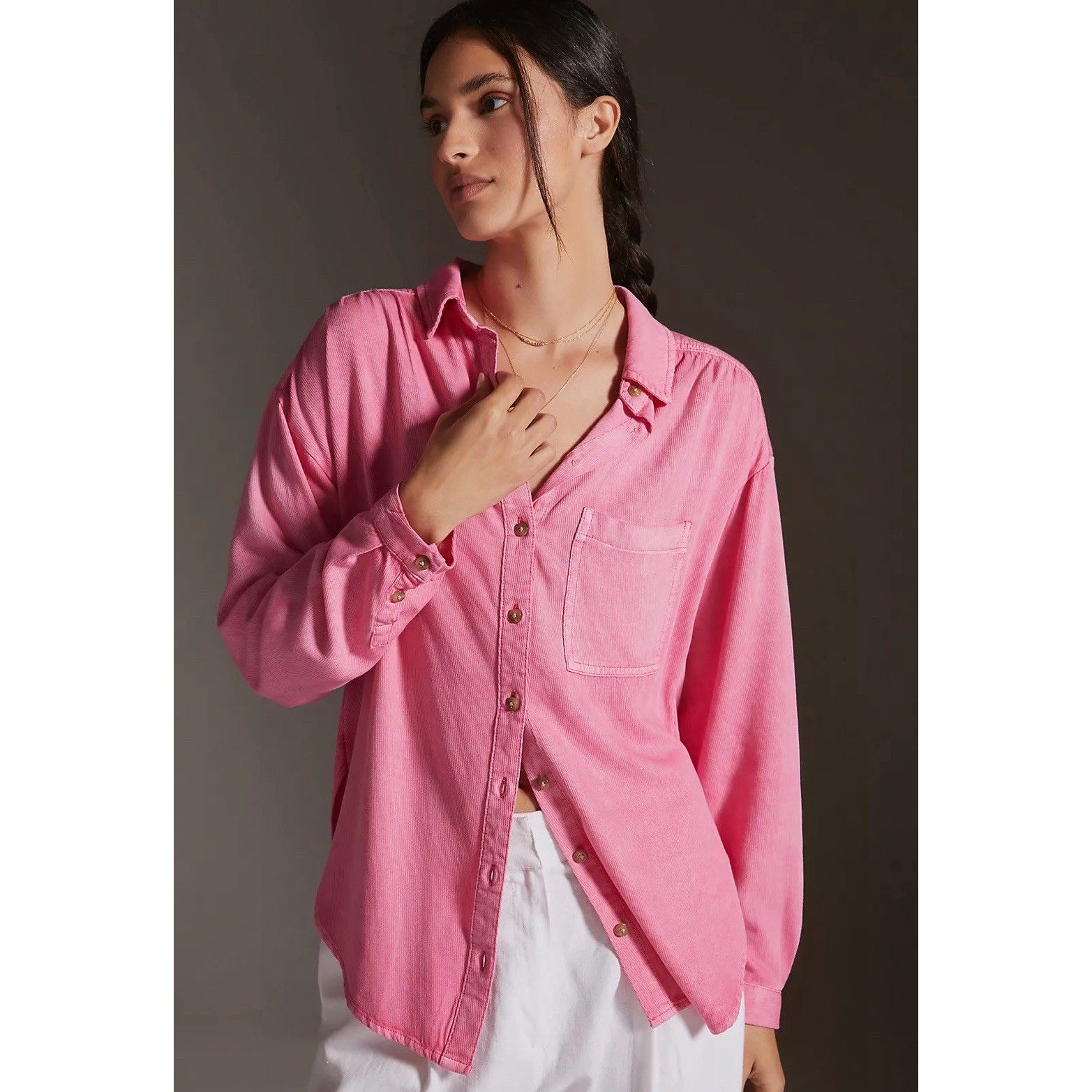 Anthropologie Pilcro Pink Boyfriend Buttondown Viscose Top Boho Relaxed Size Xs